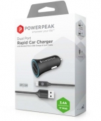 Powerpeak Dual Port Rapid Car Charger With Braided Micro Usb Charge & Sync Cable - Black (3.4 Amps)
