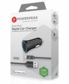 Powerpeak Dual Port Rapid Car Charger With Braided Lightning Charge & Sync Cable - Black (3.4 Amps)