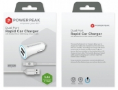 Powerpeak Dual Port Rapid Car Charger With Braided Micro Usb Charge & Sync Cable - White (3.4 Amps)