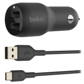 Belkin - Dual Port Usb A Car Charger 24w With Usb A To Usb C Cable 3ft - Black